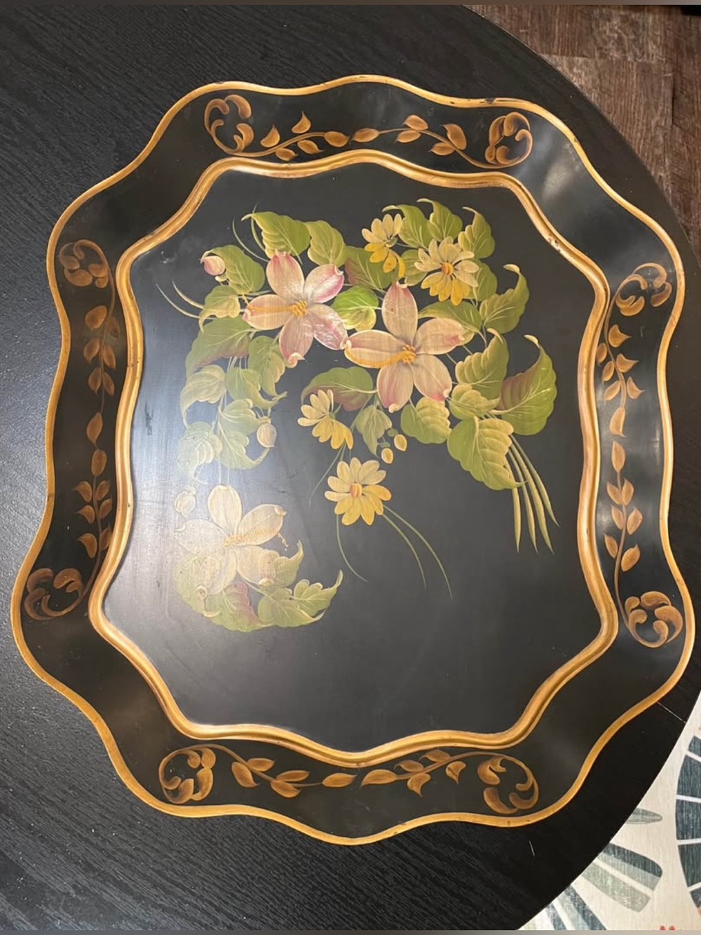 Large Vintage Tole Toleware Tray Black Hand Painted Floral Vanity Serving Tray